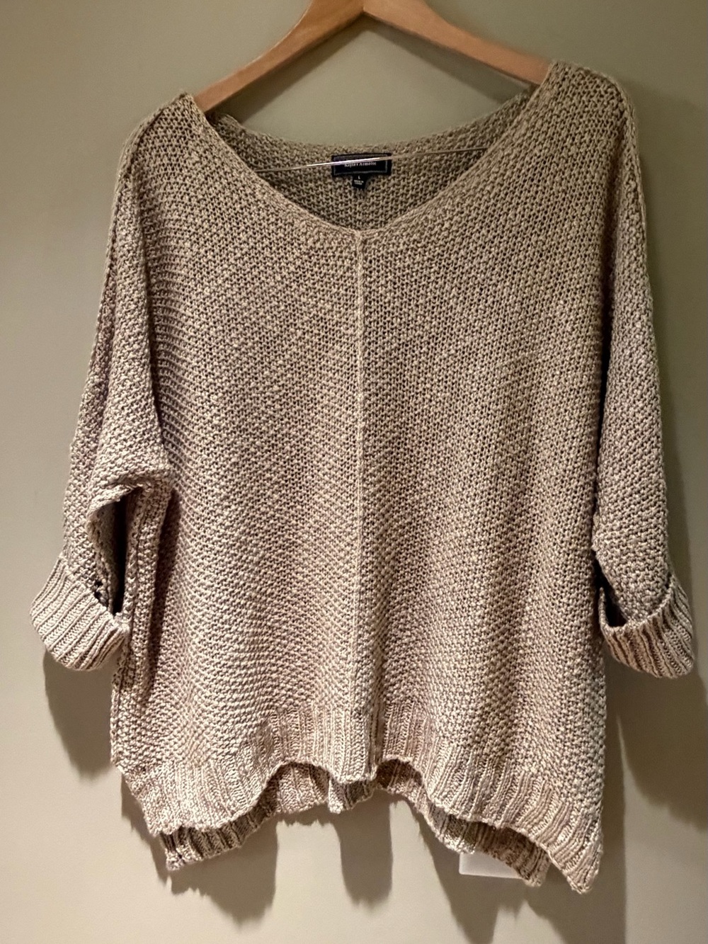 Kayla’s Armoire Oversized V-Neck open weave Knit Sweater in Tan L